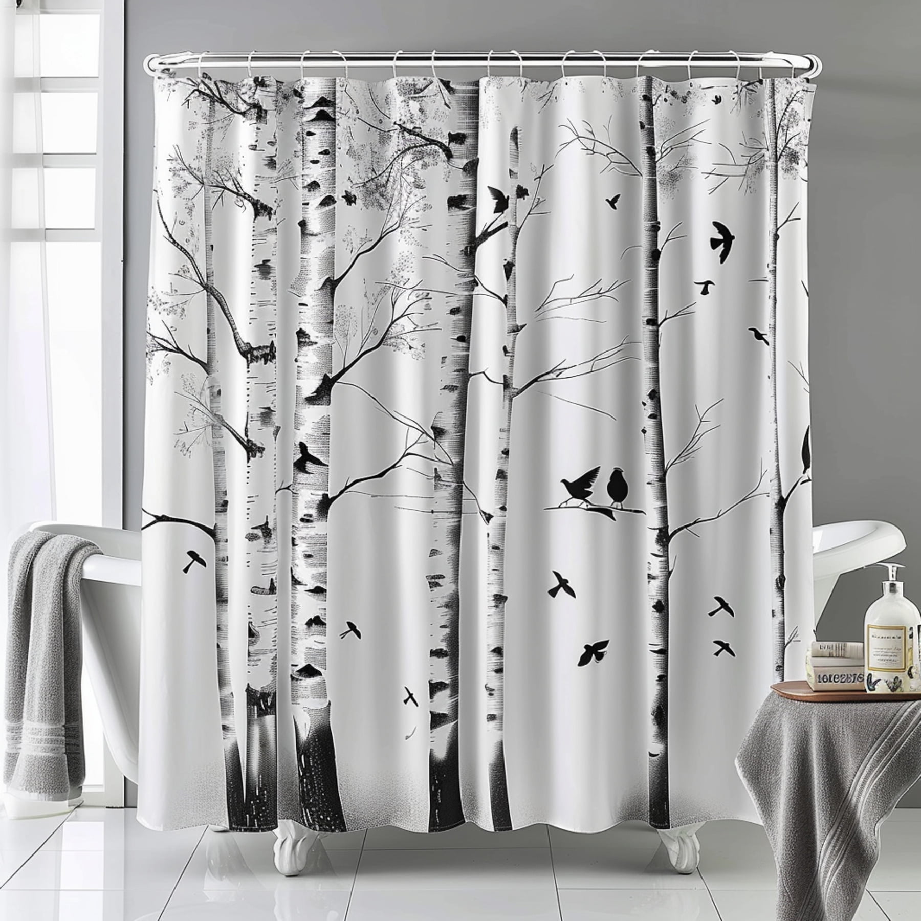 Nature Inspired Birch Tree Shower Curtain with Elegant Black and White
