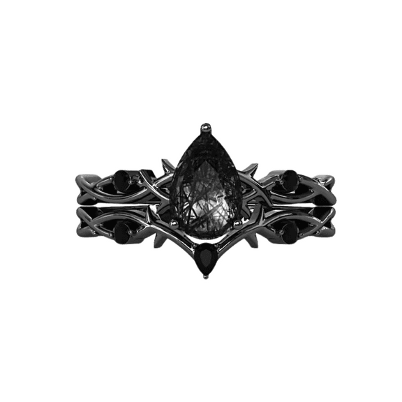 Nature Inspired Black Rutilated Quartz Engagement Ring Black engagement ring 14k Black Gold Ring Gothic Engagement Wedding Bridal Ring Set