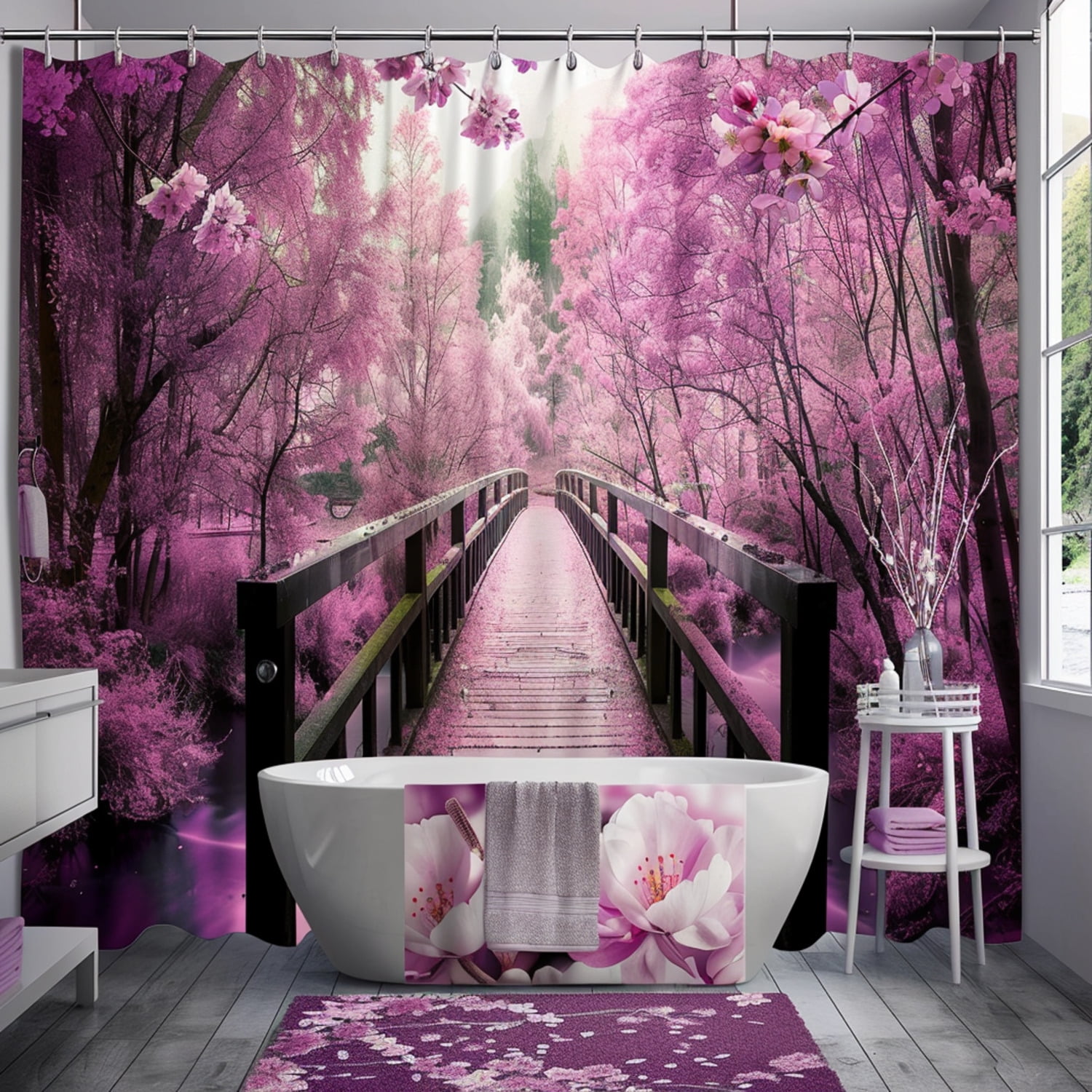Nature-Inspired Black and White Bathroom Set with Pink and Lavender ...