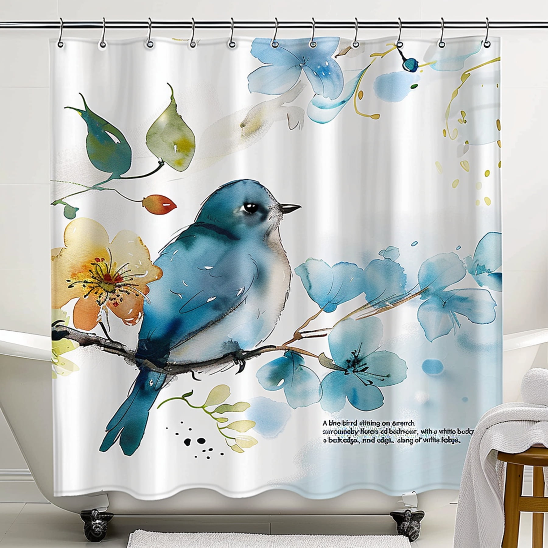 Nature Inspired Blue Bird Watercolor Shower Curtain Elegant Bathroom