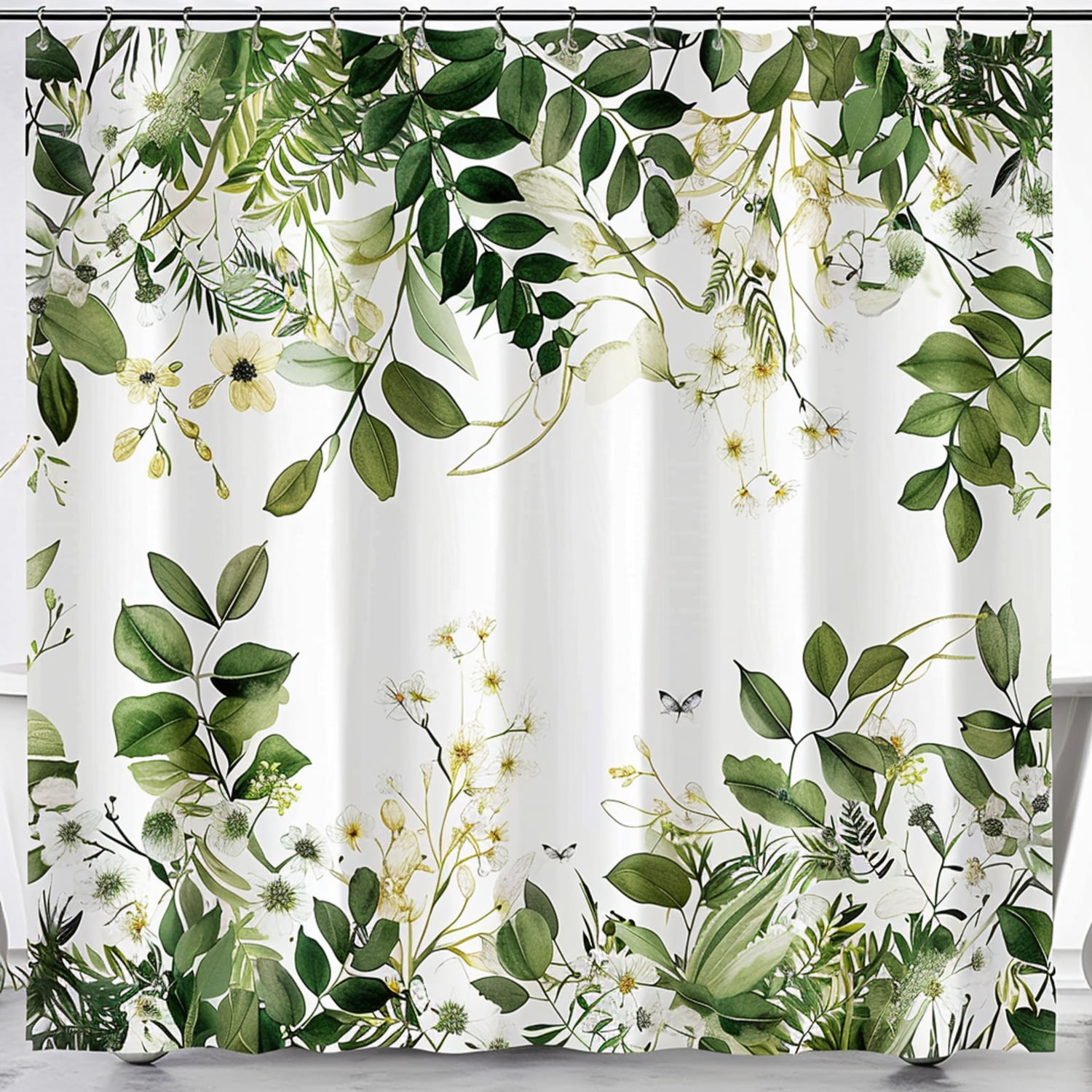 NatureInspired Botanical Shower Curtain with Ferns Leaves Flowers and Birds on White Background
