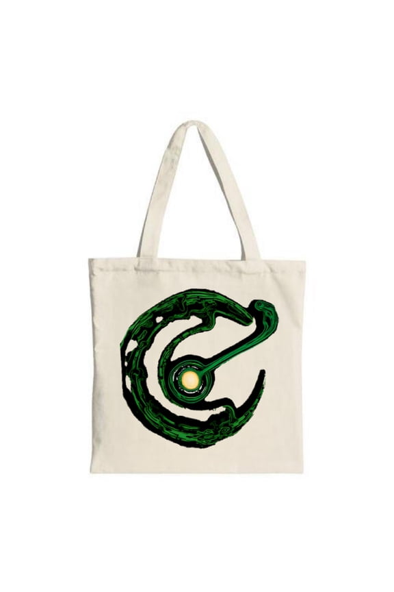 Stylish Canvas Tote Bag with Bold Green Abstract ' C ' Design Concentric Circles & Bright Yellow Center - Perfect for Shopping & Travel