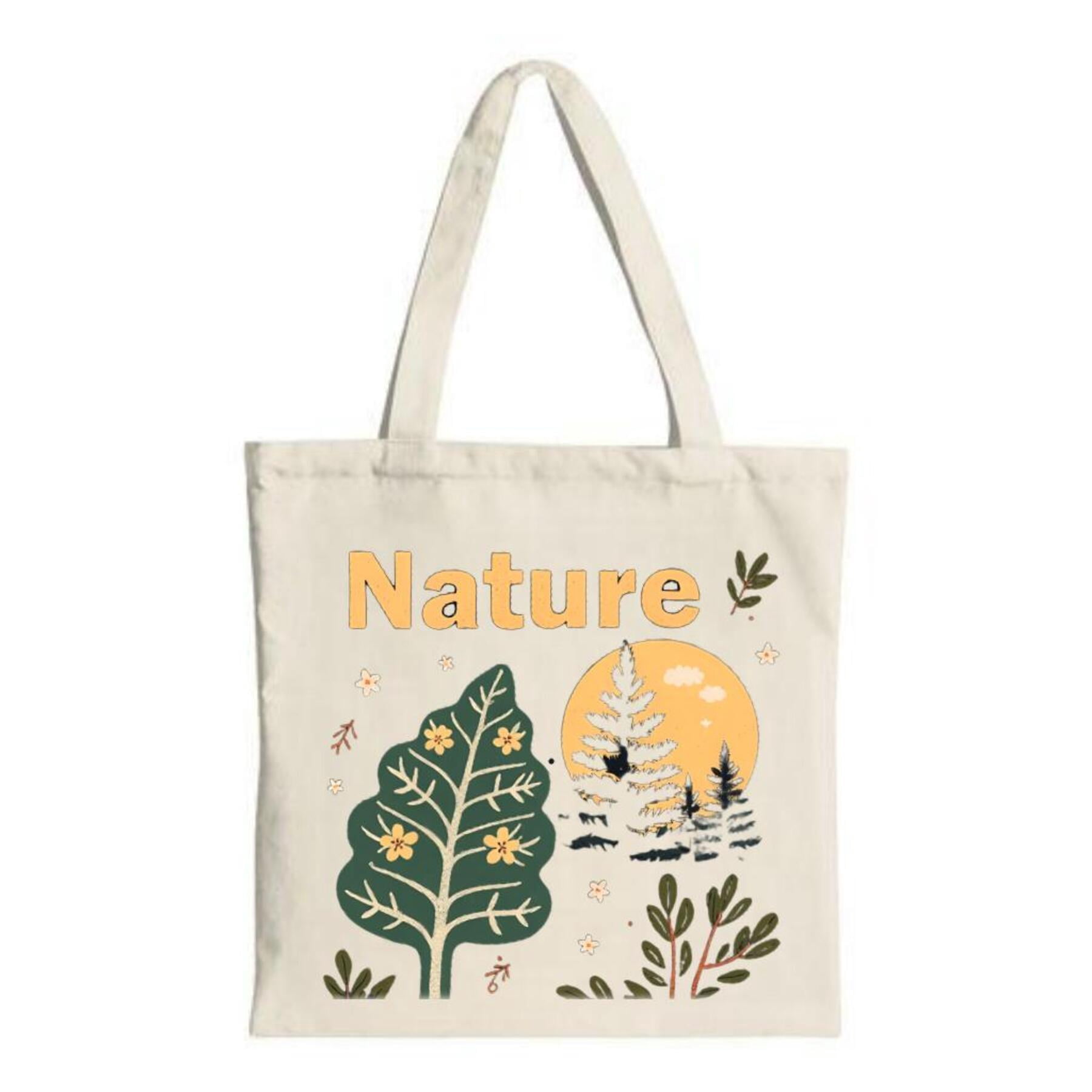 Nature-Inspired Canvas Tote Bag with Green Leaf & Yellow Flowers Bold ...