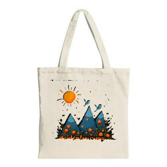 Nature-Inspired Canvas Tote Bag with Sun Bird Mountains & Orange Flowers - Perfect for Shopping Travel & Parties