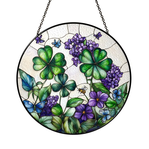 Nature Inspired Clover Leaf Window Hanging in Stained Glass Style