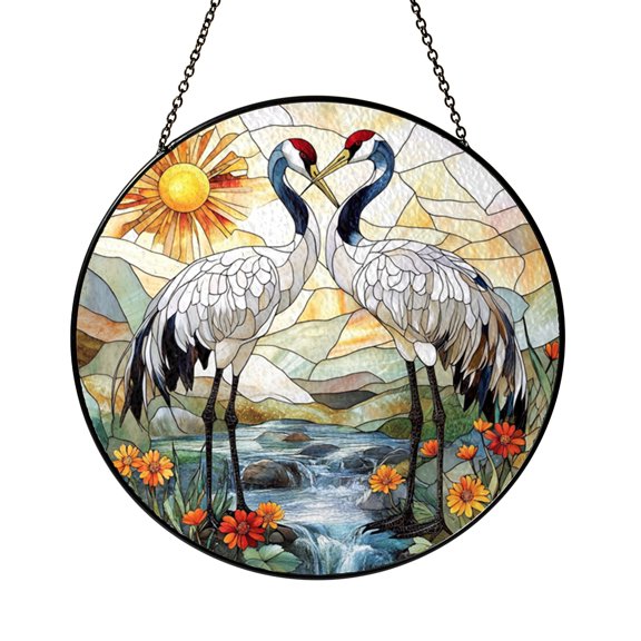Nature Inspired Crane Duo Round Suncatcher Window Hanging, Vibrant Stained Glass Style Bird Decor, Gift Idea