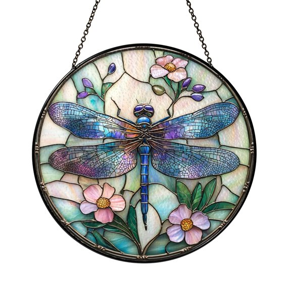 Nature Inspired Dragonfly Lavender Stained Glass Suncatcher Window Hanging Art for Garden Home Decor
