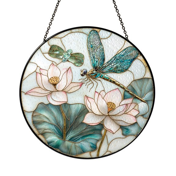 Nature Inspired Dragonfly Stained Glass Window Suncatcher, Round Lotus Panel for Calm Home Decoration