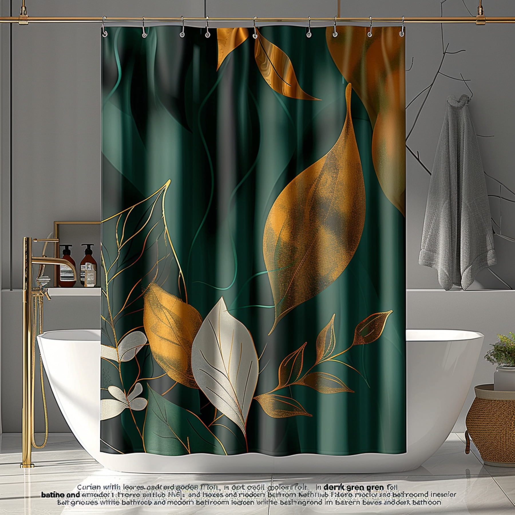 Nature Inspired Elegance Dark Green Shower Curtain with Gold Accents