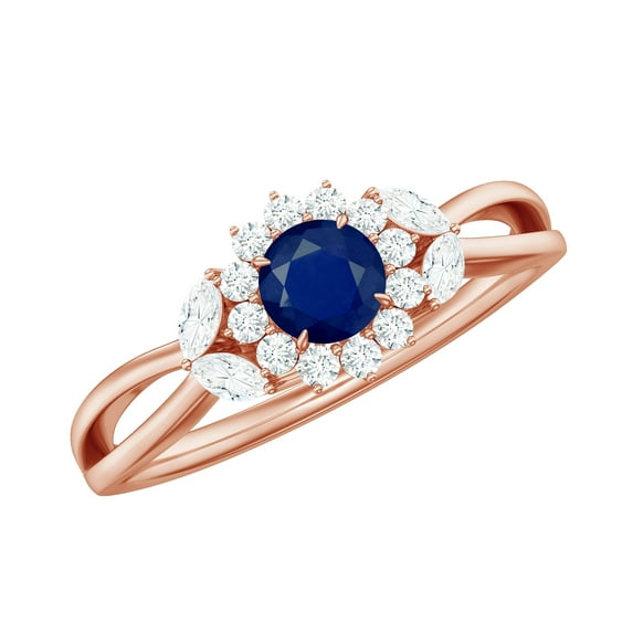 Rosec Jewels Nature Inspired Engagement Ring for Women, Blue Sapphire and Moissanite Ring, 10K Rose Gold, US 12.50