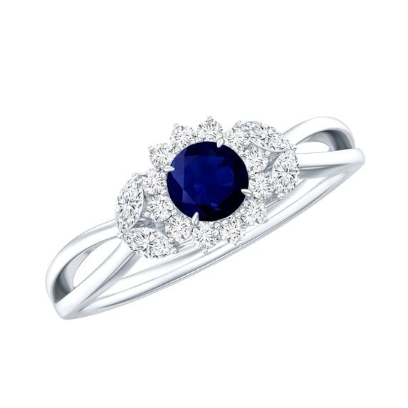 Rosec Jewels Real Blue Sapphire Flower Engagement Ring for Women - AAA Quality - Sapphire Diamond Ring - with Jewelry Box, 14K White Gold, US 4.00