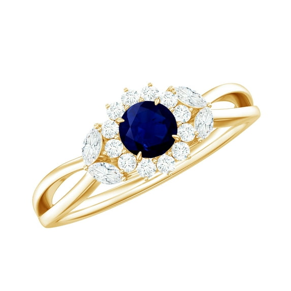 Rosec Jewels Nature Inspired Engagement Ring for Women, Blue Sapphire and Moissanite Ring, 14K Yellow Gold, US 6.50