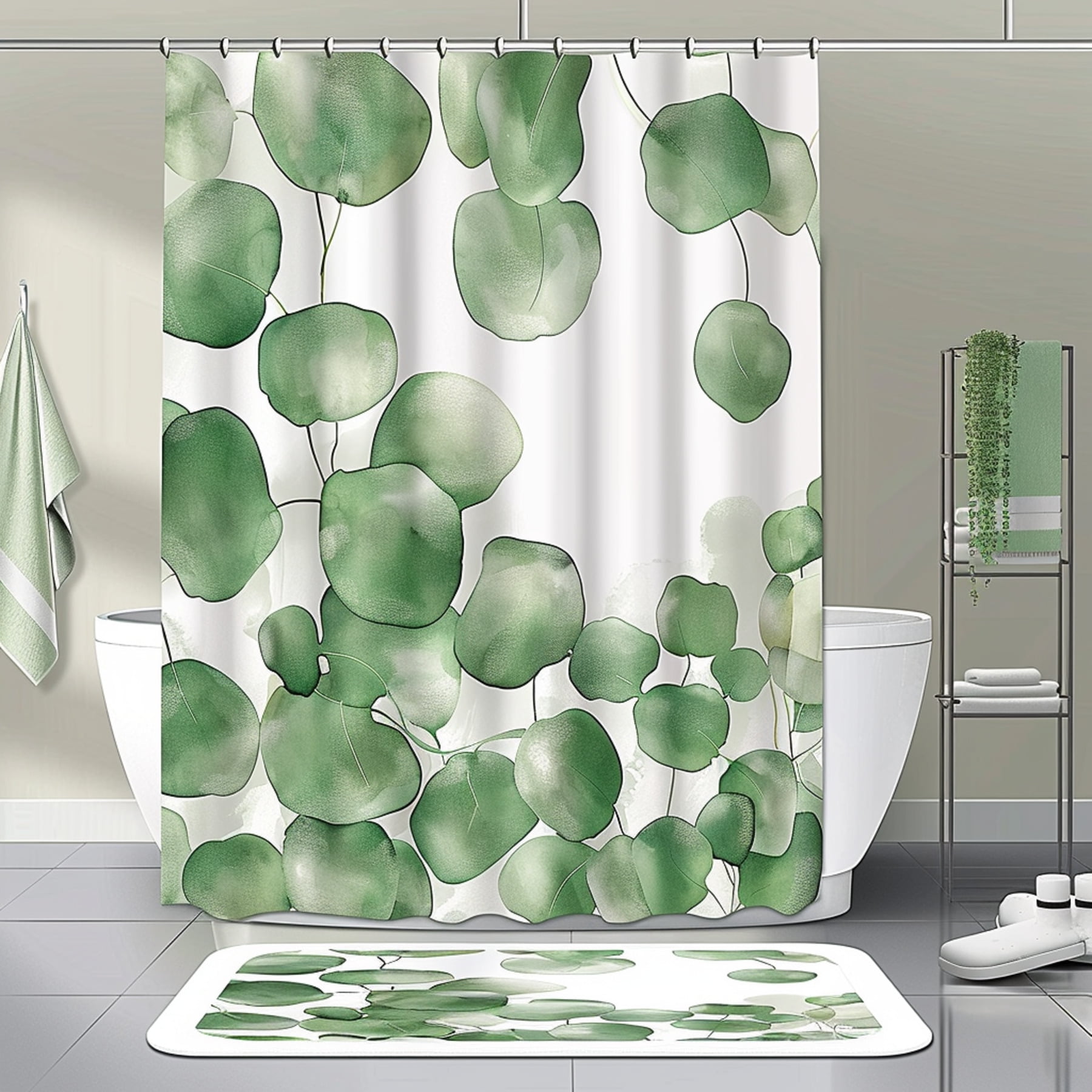 Nature Inspired Eucalyptus Green Watercolor Bathroom Set Shower Curtain