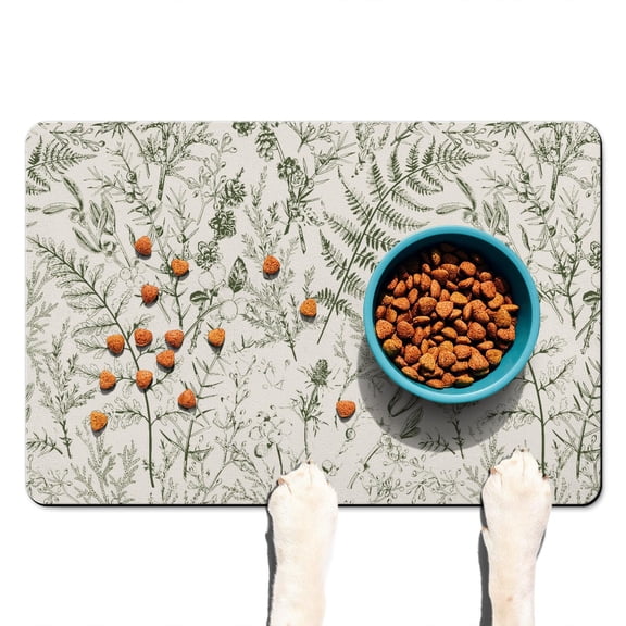 Nature-Inspired Extra Large Floral Dog Bowl Mat - Floral and Bee Artwork Pet Placemat, Absorbent 4-Layer