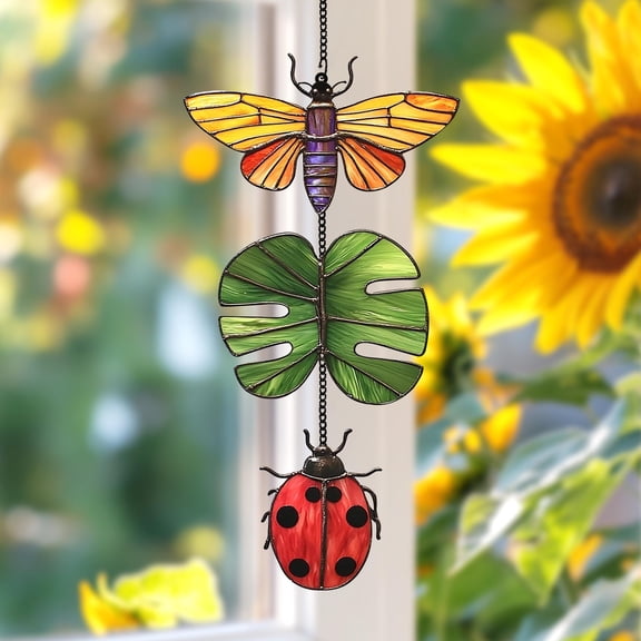 Nature-Inspired Faux Stained Glass Suncatcher with Butterfly, Monstera & Ladybug, Acrylic Garden Decor for Outdoor, Nature Window Hanging