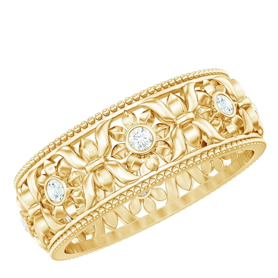 Rosec Jewels Natural Diamond Wedding Band Ring (HI-SI Grade) - Nature Inspired Floral Ring for Women - Wide Band Ring with Jewelry Box, 14K Yellow Gold, US 8.00