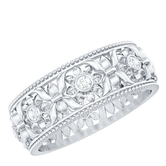 Rosec Jewels Natural Diamond Wedding Band Ring (HI-SI Grade) - Nature Inspired Floral Ring for Women - Wide Band Ring with Jewelry Box, 925 Sterling Silver, US 4.00
