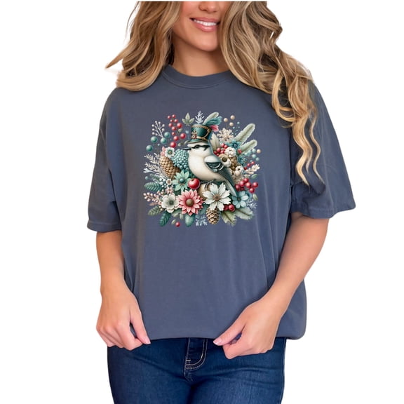 Nature Inspired Floral Bird T-Shirt, Whimsical Garden Bird Shirt, Vintage Botanical Art Tee, Unique Graphic Tee, Nature Lover Clothing, Denim Comfort Colors T-Shirt, 2XL