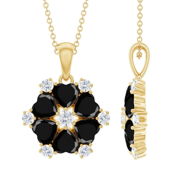 Rosec Jewels Nature Inspired Floral Pendant for Women, Black Onyx and Moissanite Pendant, 14K Yellow Gold