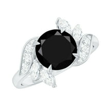 Rosec Jewels Nature Inspired Floral Ring, Black Spinel Ring with Diamond (7 mm), 925 Sterling Silver, US 4.00