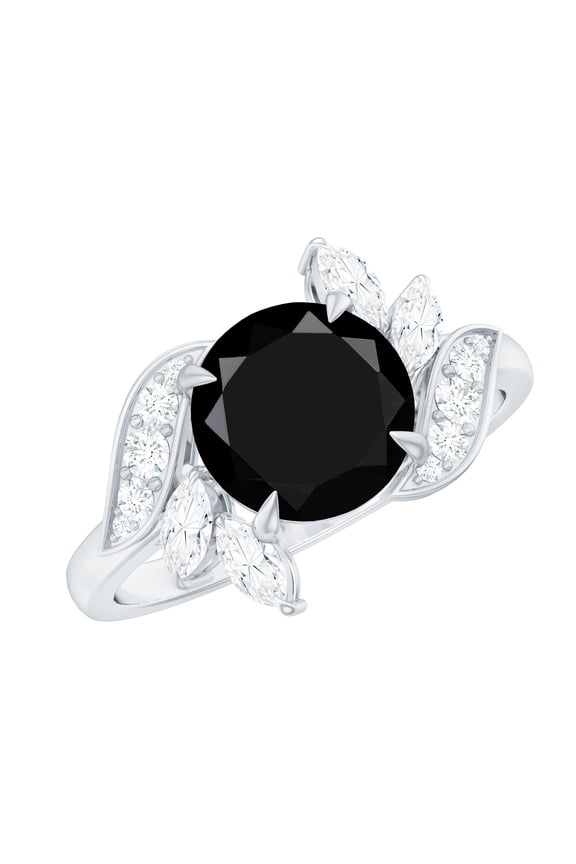 Nature Inspired Floral Ring, Black Spinel Ring with Diamond (2.6 Carat, AAA Quality), 925 Sterling Silver, US 4.00