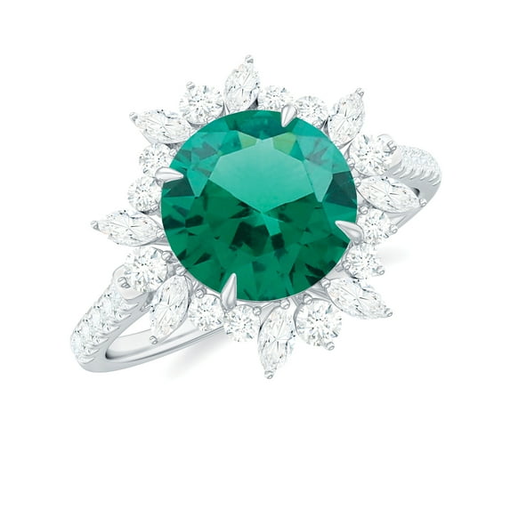 Rosec Jewels Nature Inspired Floral Ring, Created Emerald Ring with Moissanite Halo - 3.25 CT, 10K White Gold, US 12.50
