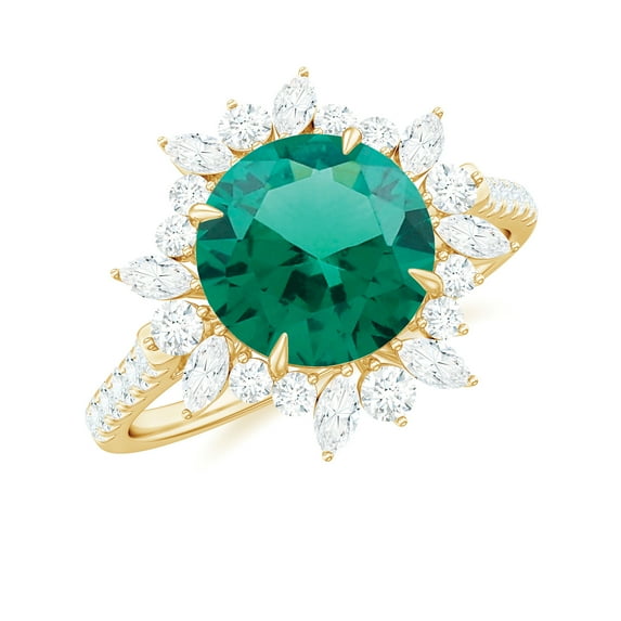 Rosec Jewels Nature Inspired Floral Ring, Created Emerald Ring with Moissanite Halo - 3.25 CT, 14K Yellow Gold, US 8.00