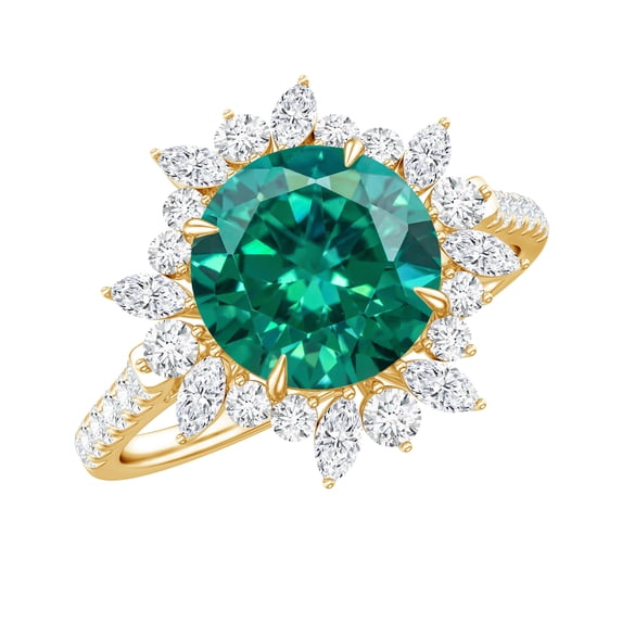 Rosec Jewels Certified Lab Grown Emerald Cocktail Ring with Halo - 8 mm - 2 Carat - AAAA Grade - Emerald Moissanite Ring for Women, 18K Yellow Gold, US 3.50