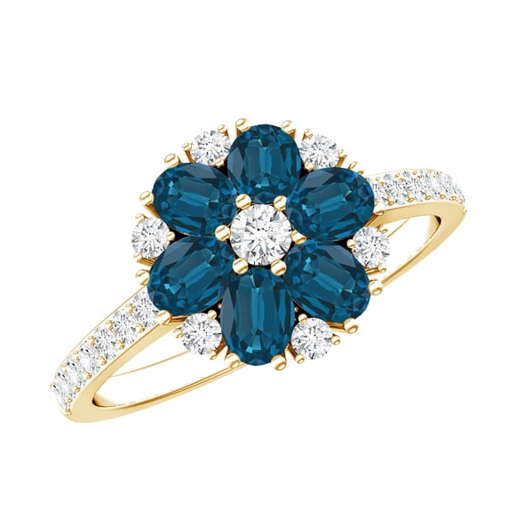 Rosec Jewels London Blue Topaz Flower Engagement Ring for Women - Blue Topaz Diamond Ring - AAA Quality - With Jewelry Box, 14K Yellow Gold, US 3.50
