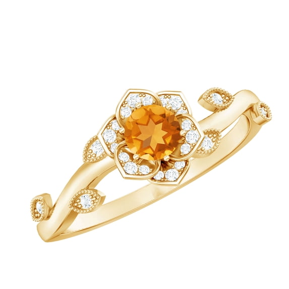 Rosec Jewels Nature Inspired Floral Ring for Women, Citrine Ring with Diamond - AAA Grade, 14K Yellow Gold, US 7.00