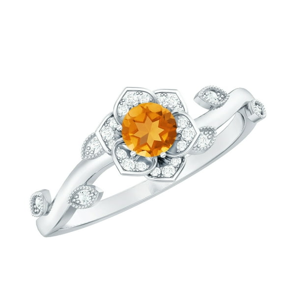 Rosec Jewels Nature Inspired Floral Ring for Women, Citrine Ring with Diamond - AAA Grade, 925 Sterling Silver, US 4.00