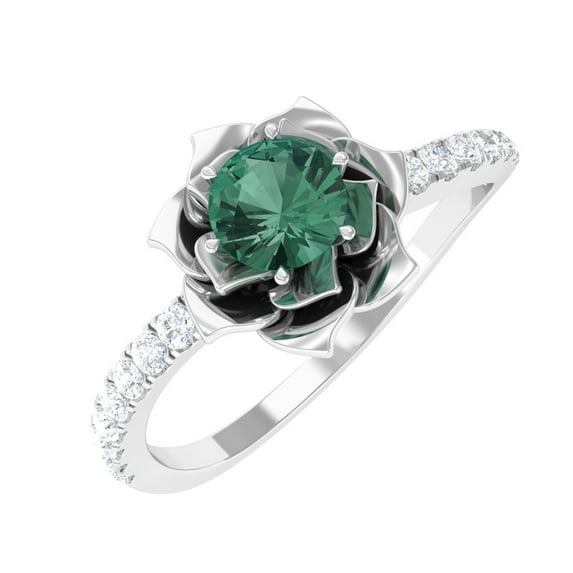 Rosec Jewels Nature Inspired Floral Ring for Women, Green Sapphire Ring with Diamond, 925 Sterling Silver, US 4.00