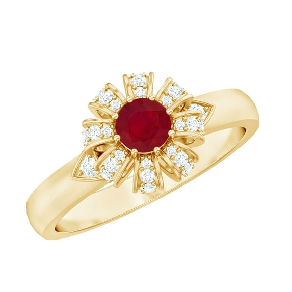 Rosec Jewels Natural Ruby Flower Engagement Ring for Women - Ruby Diamond Ring - AAA Quality - With Jewelry Box, 18K Yellow Gold, US 5.50