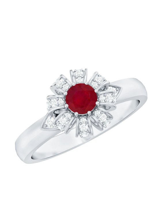 Natural Ruby Flower Engagement Ring for Women - Ruby Diamond Ring - AAA Quality - with Jewelry Box, 925 Sterling Silver, US 4.00