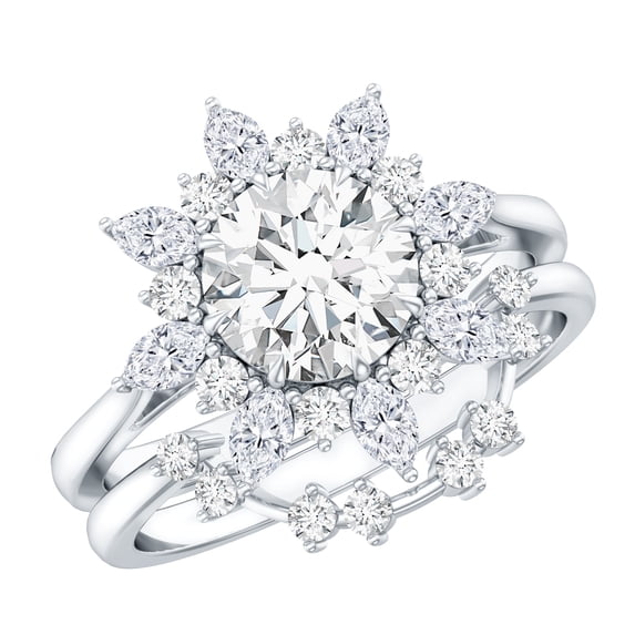 Rosec Jewels Certified Moissanite Flower Wedding Ring Set - D-VS1 Quality Statement Engagement Ring with Enhancer, 14K White Gold, US 4.00