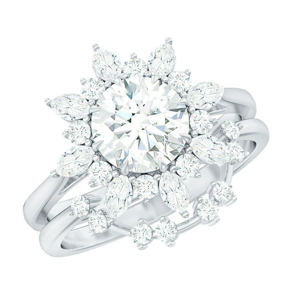 Rosec Jewels Certified Moissanite Flower Wedding Ring Set - D-VS1 Quality Statement Engagement Ring with Enhancer, 18K White Gold, US 8.50