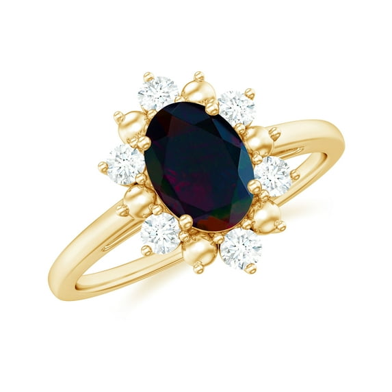 Rosec Jewels Nature Inspired Flower Ring, Oval Shape Black Opal Ring with Diamond Halo, 10K Yellow Gold, US 6.00