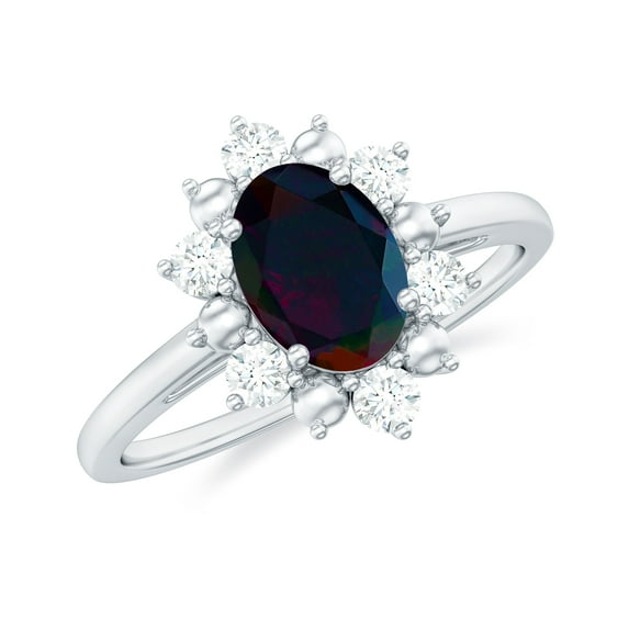 Rosec Jewels Nature Inspired Flower Ring, Oval Shape Black Opal Ring with Diamond Halo, 14K White Gold, US 4.00