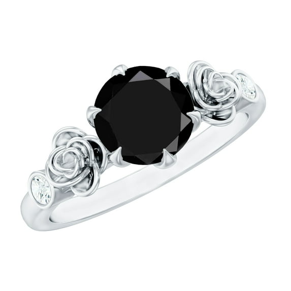 Rosec Jewels Nature Inspired Flower Ring - Real Black Spinel Solitaire Ring with Diamond - 7 mm, 10K White Gold, US 6.00
