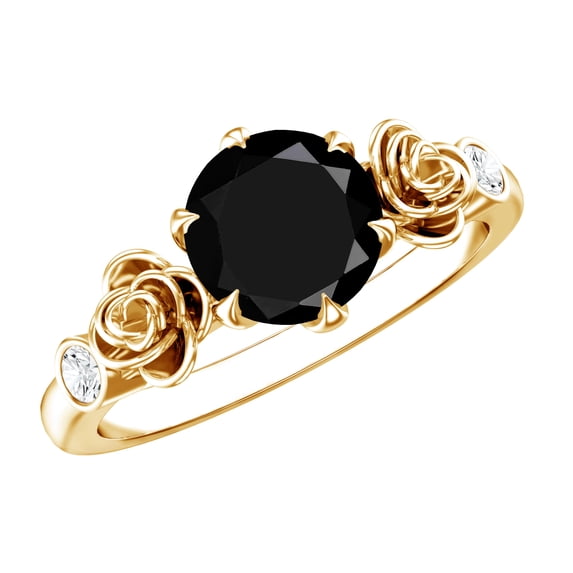 Rosec Jewels Real Solitaire Black Spinel Flower Ring with Diamond - 2.6 Carat - AAA Quality - with Jewelry Box, 18K Yellow Gold, US 8.00