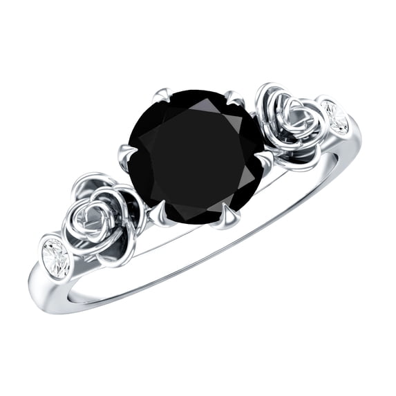 Rosec Jewels Real Solitaire Black Spinel Flower Ring with Diamond - 2.6 Carat - AAA Quality - with Jewelry Box, 925 Sterling Silver, US 4.00