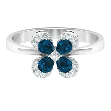 Rosec Jewels Nature Inspired Flower Ring for Women - London Blue Topaz Ring with Diamond - 3/4 CT, 925 Sterling Silver, US 4.00
