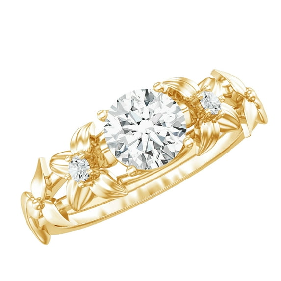 Rosec Jewels Nature Inspired Flower Ring for Women, Moissanite Solitaire Engagement Ring, 10K Yellow Gold, US 11.50