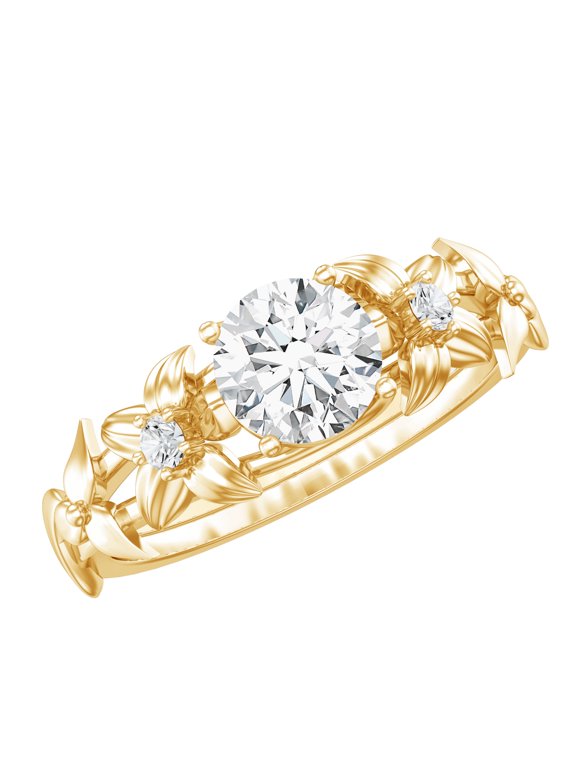 Nature Inspired Flower Ring for Women, Moissanite Solitaire Engagement Ring, 10K Yellow Gold, US 6.00