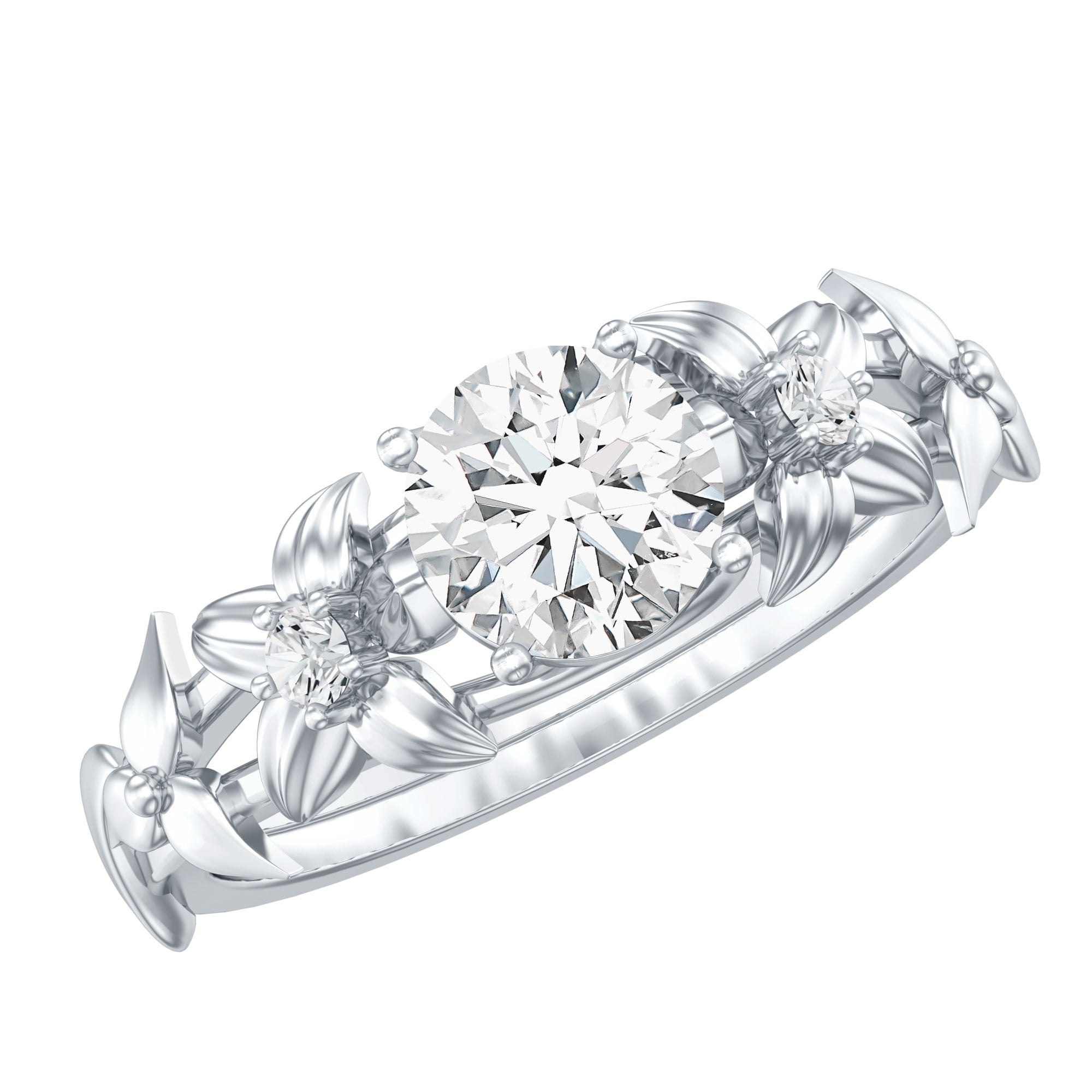 Rosec Jewels Nature Inspired Flower Ring for Women, Moissanite Solitaire Engagement Ring, 14K White Gold, US 10.00