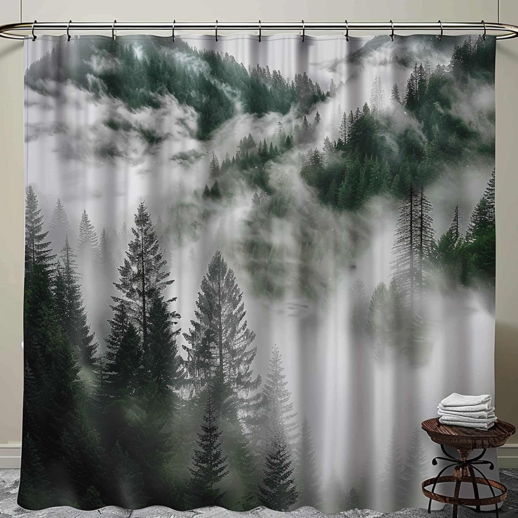 Nature Inspired Foggy Forest Pine Trees Shower Curtain Realistic Grey