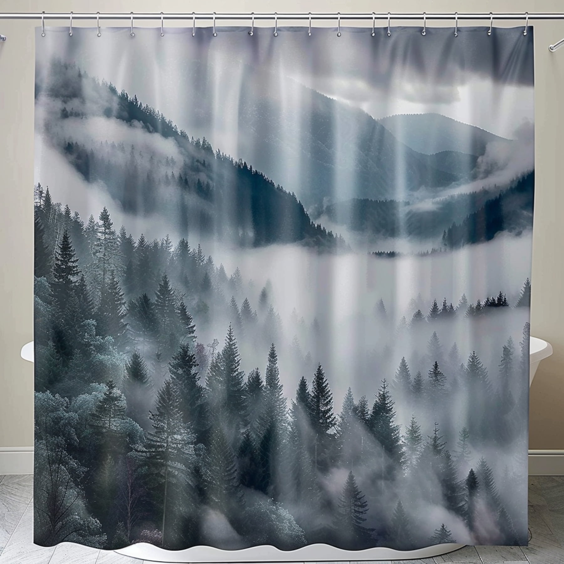 Nature Inspired Foggy Forest Shower Curtain Mysterious Landscape Design for Bathroom Decor Photo