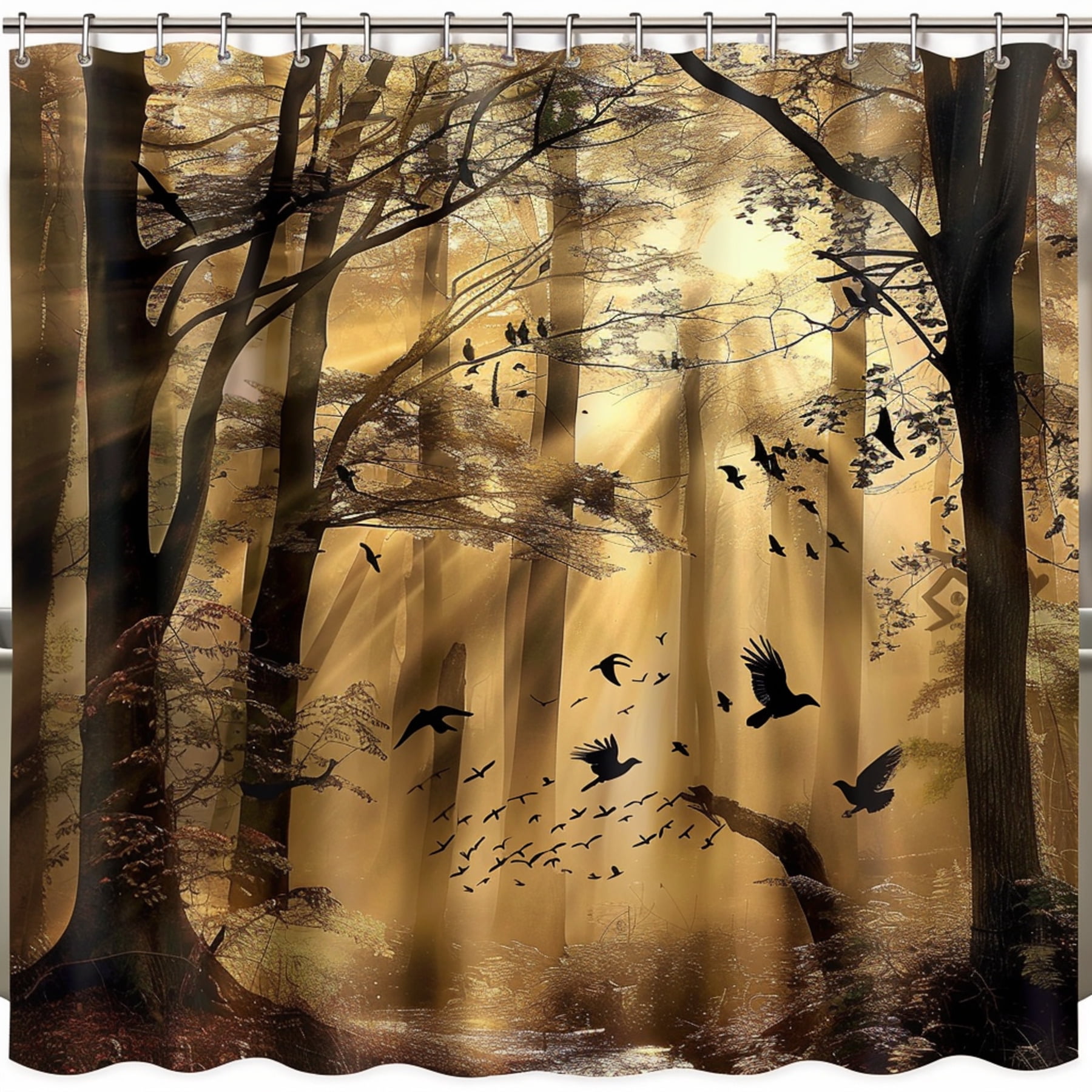 Nature Inspired Forest Bathroom Decor with Birds and Trees Brown and Black Theme Sunlit Forest ...