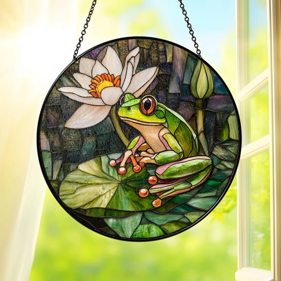 Nature Inspired Frog Lily Pad Stained Glass Suncatcher Window Hanging Glass Decor Frog Lovers
