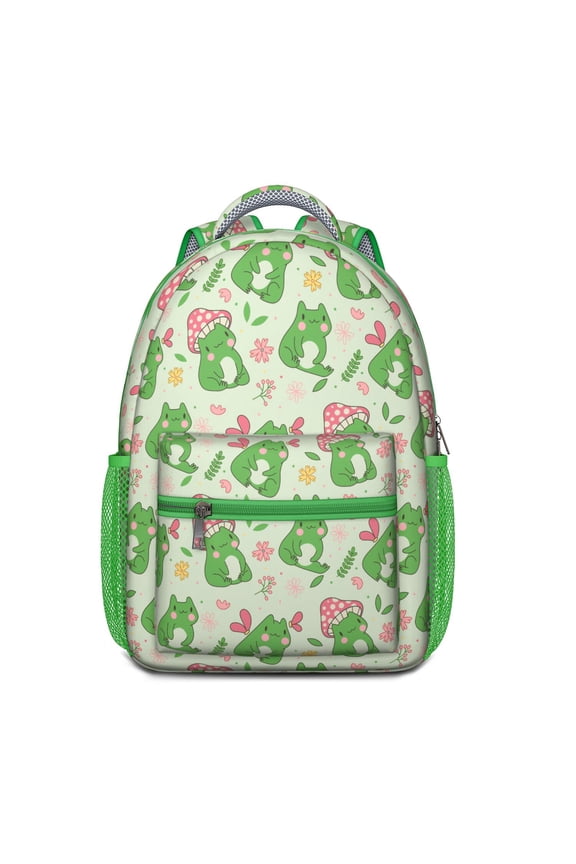 Nature-Inspired Frog Print Backpack – Green Frog Cartoon Design with Mushroom and Forest Plant Patterns